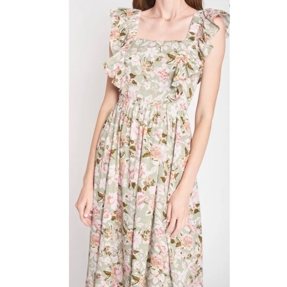 En Saison Maris Green Floral Midi Dress Medium tie back ruffle flowy retro sage - Picture 13 of 13
